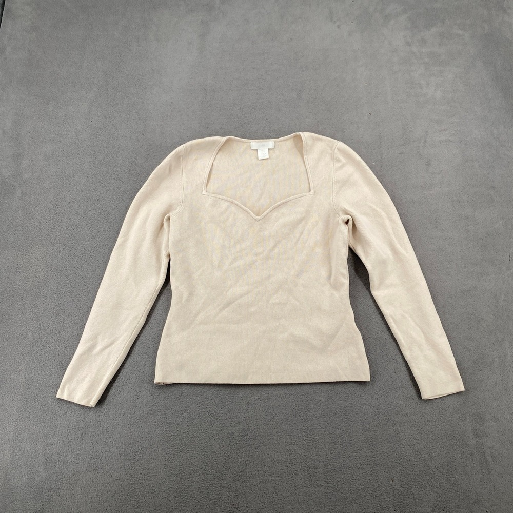 HM Sweetheart Neck Ribbed Knit Top Cream Beige Long Sleeve Medium 0929666 2